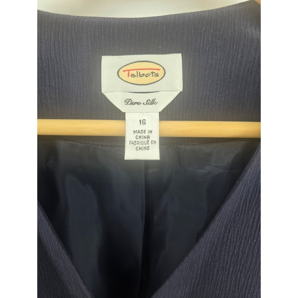 Talbots Silk Blazer Womens 16 Pure Silk Navy Blue Collarless Ribbed EUC - Picture 3 of 4